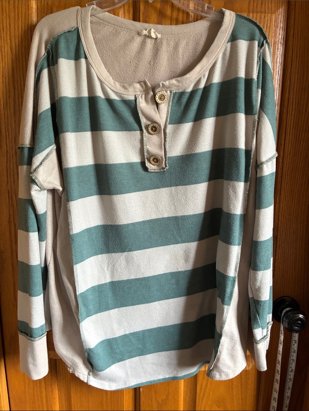 BiBi Striped Long-Sleeve Henley Top